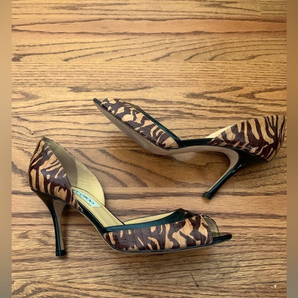 Jimmy Choo Black Browns Animal Print Heels Peep Toe Pumps Shoes 37.5 US 7 Fall - Picture 2 of 13